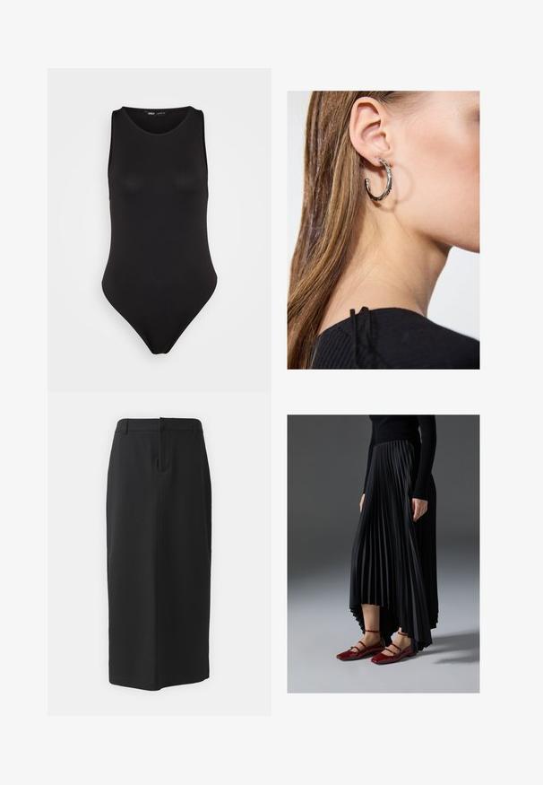 Černý bezrukávový body sestavený z hladkého, elastického materiálu s přiléhavým střihem, který má výše vyřezané nohavice a minimalistický styl.; Černá tužková sukně, ke kolenům, vyrobena z hladkého materiálu. Má rozparek vzadu a boční kapsy, s jednoduchým designem a neutrální barvou.; Černá plisovaná sukně s vysokým předním a nízkým zadním lemem, kombinovaná s lesklými červenými balerínami se strapkovým designem. Tkanina má hladký povrch.; Stříbrný kruhový náušník s lesklým povrchem, zdobený malými zlatými akcenty, v kulatém tvaru, nošený na lalůčku.