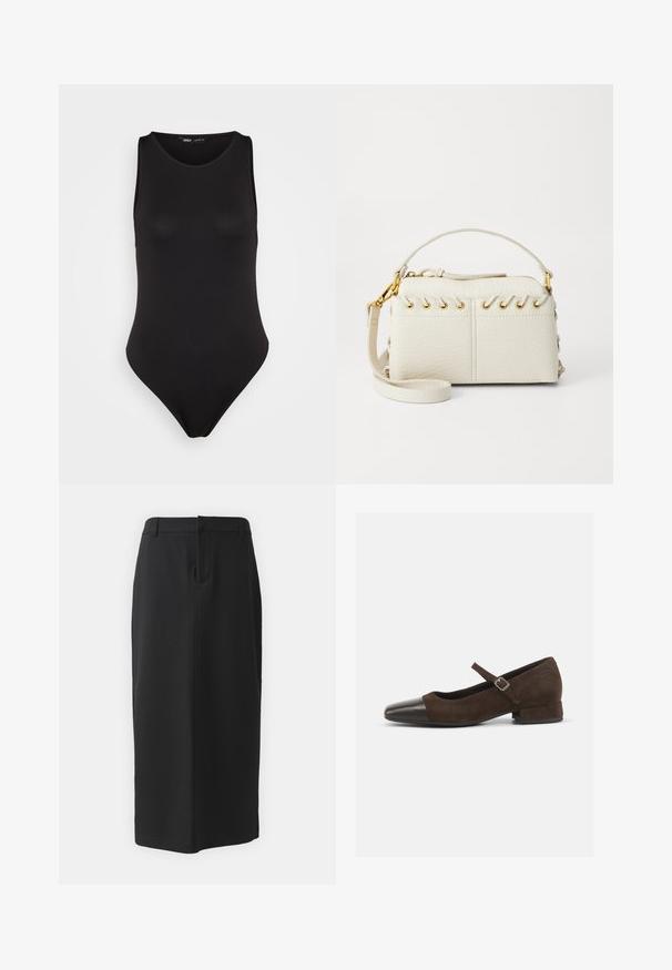 Black sleeveless bodysuit made from a smooth, stretchy fabric with a fitted design, featuring a high-cut leg and minimalistic style.; Black pencil skirt, knee-length, made of smooth fabric. Features a back slit and side pockets, with a simple design and neutral color.; Brown suede Mary Jane shoe with a black patent leather toe cap, adjustable strap, and a low block heel. Smooth texture with minimal accents.; White faux leather handbag featuring a top zipper, a short handle, and a removable crossbody strap with gold-tone hardware. Side lacing detail.; Silver hoop earring with a polished finish, featuring small gold accent details and a round shape, worn on the lobe.