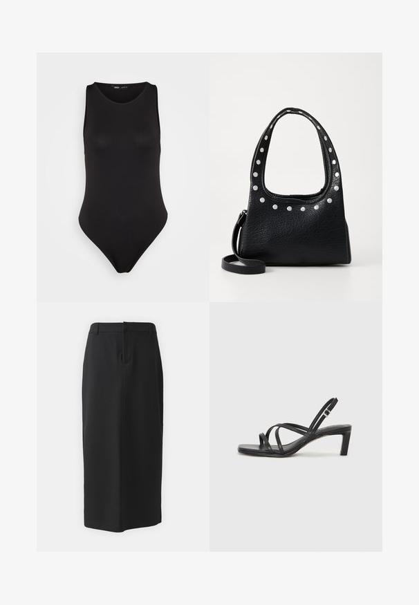 Black sleeveless bodysuit made from a smooth, stretchy fabric with a fitted design, featuring a high-cut leg and minimalistic style.; Black pencil skirt, knee-length, made of smooth fabric. Features a back slit and side pockets, with a simple design and neutral color.; Black strappy sandal with a square toe and a low block heel. Features multiple thin straps and an adjustable ankle strap. Made of smooth leather.; Black textured leather handbag with silver studs along the top edge and handles, featuring a short handle and a detachable strap.; Silver hoop earring with a polished finish, featuring small gold accent details and a round shape, worn on the lobe.