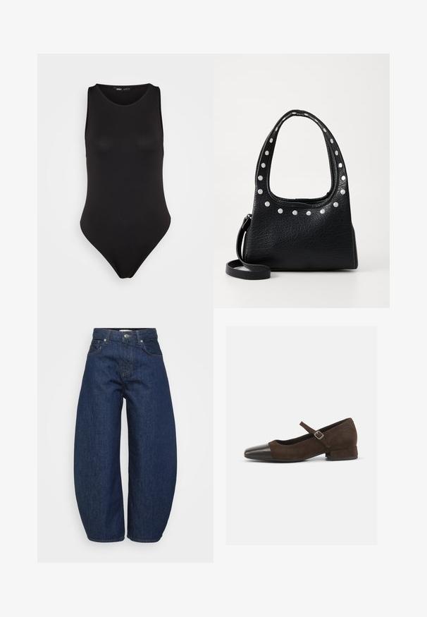 Body senza maniche nero realizzato in un tessuto liscio e elastico con un design aderente, caratterizzato da una gamba alta e uno stile minimalista.; Jeans in denim blu scuro a vita alta con gambe larghe, chiusura frontale con bottone e zip, e design classico a cinque tasche.; Scarpa Mary Jane in suede marrone con punta in vernice nera, cinturino regolabile e tacco basso a blocco. Texture liscia con dettagli minimi.; Borsa a tracolla in pelle nera texture, con borchie argentate lungo il bordo superiore e le maniglie, dotata di un manico corto e di una tracolla removibile.; Orecchino a cerchio in argento con finitura lucida, caratterizzato da piccoli dettagli in oro e una forma tondeggiante, indossato sul lobo.