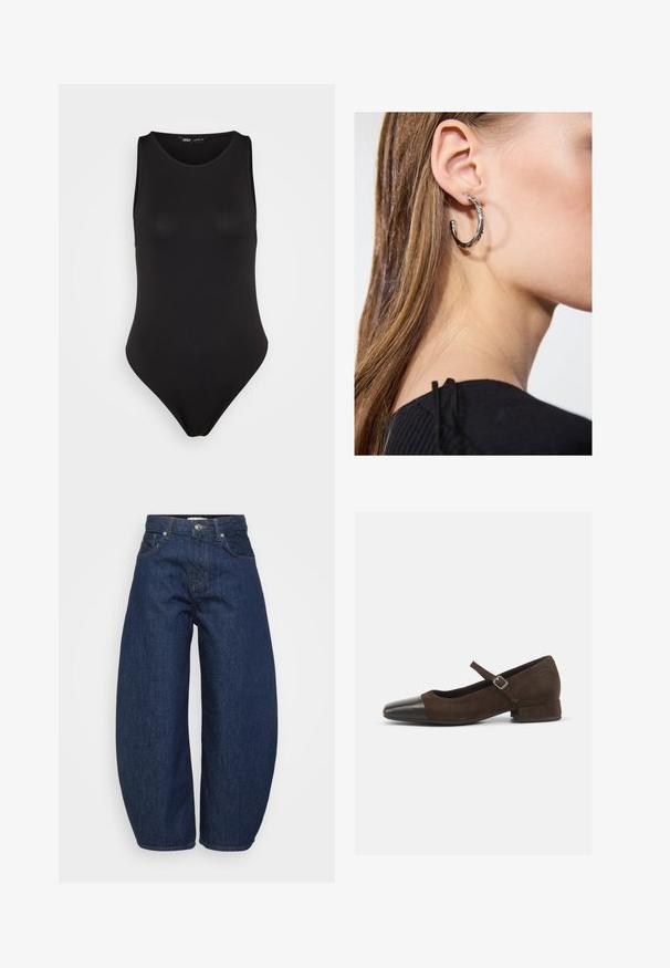 Čierny bezrukávový body vyrobený z hladkej, elastickej látky s priliehavým strihom, s vysokým vykrojením nohavíc a minimalistickým štýlom.; Tmavomodré džínsy z denimu so širokým, voľným strihom. Majú zips na zapínanie, štyri vrecká a kontrastný šev pozdĺž švíkov.; Hnedé semišové topánky typu Mary Jane s čiernym lakovaným špičkovým krytom, nastaviteľným remienkom a nízkym blokovým podpätkom. Hladká textúra s minimálnymi akcentmi.; Strieborná kruhová náušnica s lesklým povrchom, obsahujúca malé zlaté akcenty a okrúhly tvar, nosená na lalôčiku ucha.