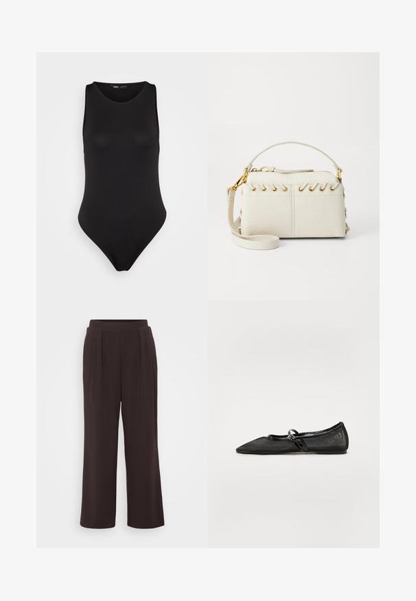 Fekete, ujjatlan bodysuit sima, rugalmas anyagból, testhezálló kialakítással, magasra vágott lábrészsel és minimalista stílussal.; Sötétbarna, bő szabású nadrág pliszékkal, sima anyagból készítve. Egyszínű és rugalmas derékrésszel a kényelem érdekében.; Fekete lapos cipő hegyes orral, hálós felsőrésszel és lakkbőr részletekkel. Finom pánttal rendelkezik, kerek fém díszítéssel.; Fehér műbőr kézi táska, felső cipzárral, rövid fogantyúval és levehető keresztpántos vállpánttal, arany színű fémrészletekkel. Oldalsó fűzés részlet.; Ez egy ezüst fülbevaló, sima felülettel, amelyen apró arany díszítőelemek találhatók. Kerek formájú és a fülcimpán viselik.