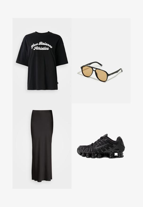 Svart bomullströja med korta ärmar och rund hals, med vit text "New Balance Athletics" i en krökt design.; Svart, golvlång satinkjol med en slät textur, figurnära midja och A-linjeformad silhuett, utan synliga dekorationer eller mönster.; Svart sportskor med ovandel i mesh och blanka detaljer. Har böjliga fjädrar för dämpning och texturerade linjer på sidan. Nike-logotypen är synlig.; Svarta solglasögon med bruna tonade linser; rektangulär form med en tjock ram, inklusive subtila detaljer av metall vid glasögonbågarna.; Even&Odd Shoppingväska - black