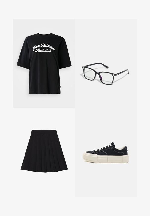 Schwarzes Baumwoll-T-Shirt mit kurzen Ärmeln und rundem Ausschnitt, mit weißem Text "New Balance Athletics" in geschwungener Schrift.; Schwarzer, plissierter Rock aus strukturiertem Stoff mit einem taillierten Bund. Fällt knielang und hat eine glatte, klare Silhouette.; Schwarze Leinenschuhe mit weißen Schnürsenkeln und Nähten. Sie verfügen über eine klobige, strukturierte weiße Sohle mit einem einzigartigen segmentierten Design.; Schwarze rechteckige Brille mit klaren Gläsern, die goldene Akzente im Rahmen aufweist und einen leichten lila Schimmer auf einem der Gläser hat.; Burgunderfarbene Lederhandtasche mit goldener Schnalle, strukturierte Form, Obergriff und verstellbarer Schulterriemen. Modell trägt eine Jeansjacke.