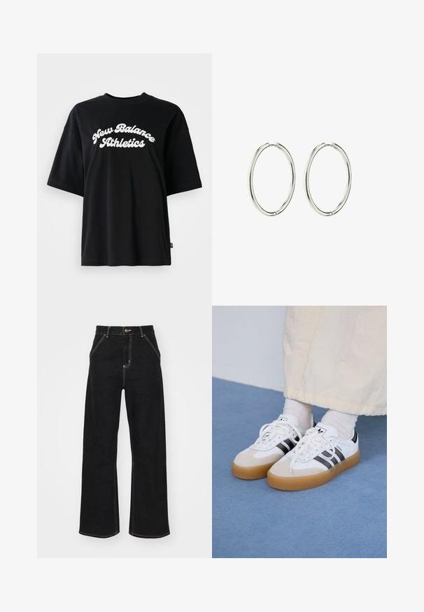 Juodas medvilninis marškinėliai trumpomis rankovėmis ir apvaliu kaklu, su baltu tekstu "New Balance Athletics" išlenktu dizainu.; Juodi platūs džinsai, pagaminti iš džinsinio audinio, su kontrastingomis baltomis siūlėmis ir priekiniais mygtukais, turintys du kampinius priekinio kišenes.; Baltos sportbačiai su noir juostomis ir šviesiai rudos zomšos akcentais. Yra tekstūruota gumos padas ir plokščiomis baltomis raištelėmis, dėvimi su šviesiai spalvotomis kojinėmis.; Sidabriniai auskarai-žiedai su lygiu, blizgiu paviršiumi. Apvali forma, lengvas dizainas, turintis saugų užsegimo mechanizmą.