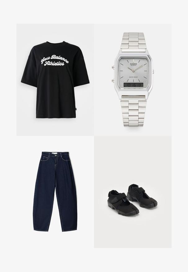 Tricou din bumbac negru, cu mâneci scurte și guler rotund, cu text alb "New Balance Athletics" într-un design curbat.; Pantaloni din denim de culoare albastru închis, cu o croială lejera, având cinci buzunare, cusături contrastante și un închidere cu fermoar la față.; Ciorapi de apă negri, confecționați dintr-un material flexibil, cu o curea Velcro, având un design unic cu degetul mare despărțit și o talpă din cauciuc texturată pentru aderență.; Ceas de mână Casio din oțel inoxidabil cu mecanism quartz, cu carcasă rectangulară, afișaje analogice și digitale, brățară din oțel inoxidabil și caracteristici de rezistență la apă.