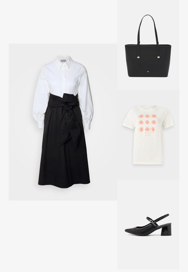 Hvid bomulds t-shirt med ni blomsterdesigns i koralfarve, med "TOM TAILOR" trykt nedenfor i en matchende farve. Korte ærmer, rund hals.; Hvid skjorte med lange pufærmer, parret med en sort nederdel og et stoffsnor bundet om taljen, lavet af glat bomuldsstof.; Sorte patentlæder slingback hæle med spids tå, rund udskæring og blokhæl. Har en guldtonet spændeaccents.; Sort tote bag lavet af syntetisk materiale, med et enkelt rektangulært design, gyldne firkantede detaljer og dobbelt håndtag.