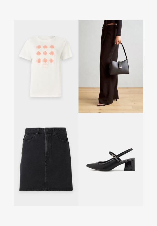 Bela bombažna majica s kratkimi rokavi, okroglo ovratnikom in devetimi cvetličnimi vzorci v koralni barvi. Pod njimi je natisnjeno ime "TOM TAILOR" v usklajeni barvi.; Črna denim krila s ravnim krojem, z zapiranjem na gumb in zadrgo, dvema sprednjima žepoma in preprostimi šivi.; Črne patentne usnjene salonarce s slingback obliko, s koničastim nosom, zaobljenim izrezom in blok peto. Imajo zlato kovinsko zaponko kot dodatno okrasje.; Črna torbica z strukturirano obliko, gladko teksturo in kovinskim zaponko. Ujemajo se z širokimi črnimi hlačami in odprtimi sandali na lesenem tleh.