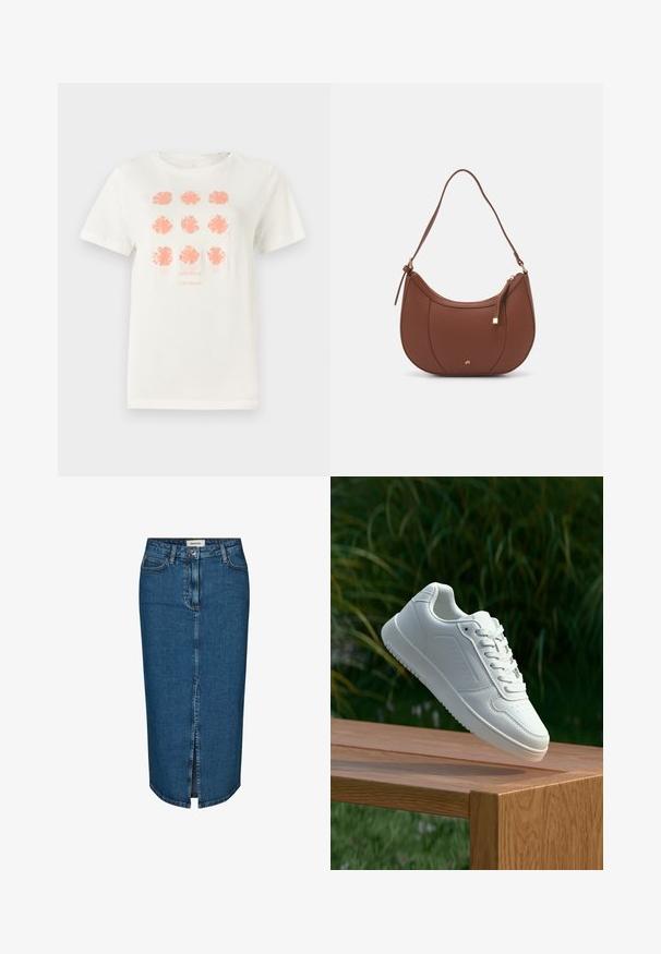 Hvid bomulds t-shirt med ni blomsterdesigns i koralfarve, med "TOM TAILOR" trykt nedenfor i en matchende farve. Korte ærmer, rund hals.; Denim blyantskørt i mørkeblå, med en forslidse, fem lommer og kontrasterende syninger. Mellem høj talje med et klassisk design.; Hvid sneaker med en glat syntetisk overdel, perforeret tåboks, flade snørebånd og en tekstureret sål, præsenteret på en træoverflade.; Brun faux læder skuldertaske med buet form, minimal syning og en guldtonet hardwaredetalje. Har en top lynlåslukning og justerbar rem.