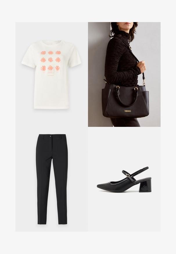 Tricou alb din bumbac, cu nouă modele florale în nuanța corai, având inscripția "TOM TAILOR" tipărită dedesubt într-o culoare potrivită. Mâneci scurte, guler rotund.; Pantaloni negri ajustați dintr-un material fin, cu un talie clasică, fermoar frontal și buzunare laterale, având un design elegant și croit.; Cizme cu toc slingback din piele sintetică lacuită neagră, cu vârful ascuțit, un design cu decupaj rotunjit și toc bloc. Include un accent cu cataramă de culoare aurie.; Geantă de umăr neagră cu suprafață texturată, cu două mânere superioare și curea de umăr ajustabilă. Dispune de accesorii metalice de culoare aurie și buzunare laterale.