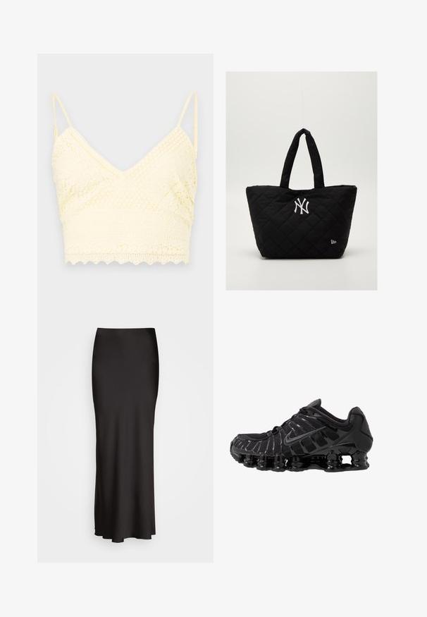 Sujetador de encaje amarillo con diseño de escote en V, tirantes ajustables, patrones texturizados y dobladillo con forma de ondas.; Falda larga de satén negra con una textura suave, cinturilla ajustada y silueta en A, que no presenta adornos ni patrones visibles.; Zapatilla deportiva negra con parte superior de malla y detalles brillantes. Presenta amortiguación de bobina curvada y líneas texturizadas en el lateral. Logotipo de Nike visible.; Bolsa tote negra acolchada con doble asa, que presenta un logo blanco de los New York Yankees y un pequeño emblema de la marca en el lateral.