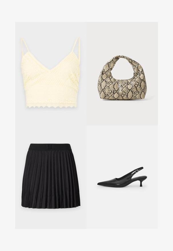 Žltý čipkovaný bralet s výstrihom do V, nastaviteľnými ramienkami, textúrovanými vzormi a vlnitým lemom.; Čierna plisovaná sukňa s hladkou textúrou, s pevným čiernym pásom a vyrazeným logom na prednej strane.; Čierne kožené sandále s úzkym špičatým prstom a štíhlym zakriveným podpätkom. Majú diskrétny nastaviteľný popruh s kovovou sponou.; Kabelka s hadím vzorom a zakriveným rukoväťou. Vyrobená z textúrovaných béžových a hnedých materiálov, s charakteristickým diamantovým vzorom.