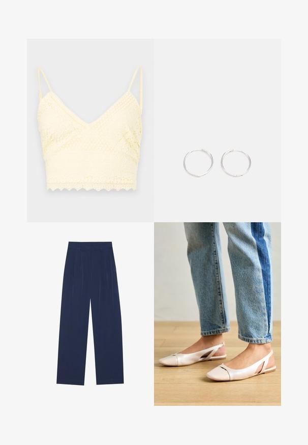 Žuti čipkani bralet s V-izrezom, podešivim trakama, teksturiranim uzorcima i valovitim rubom.; Tamno plave hlače širokih nogavica, izrađene od mekog materijala, s prednjim nabora, glatke teksture i ravnog kroja bez vidljivih džepova.; Svijetlo ružičaste slingback balerinke s šiljastim vrhom, izrađene od glatkog materijala nalik koži. Sadrže izrezane detalje sa strane i ravnu petu.; Srebrne okrugle naušnice jednostavnog dizajna, s glatkom površinom i bez vidljivih ukrasa. Promjer nije specificiran.