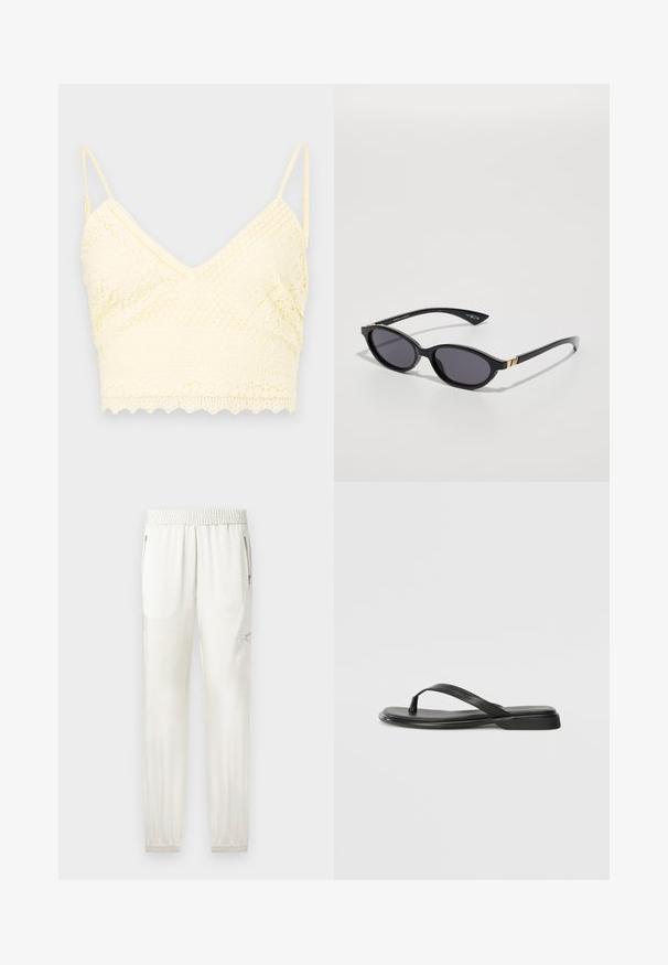 Dzeltena mežģīņu bralete ar V-veida dekoltē, regulējamām siksnām, strukturētām rakstiem un viļņotu apakšmalu.; Gaiši krēmveidīgi treniņbikses ar elastīgu jostu, sašaurinātiem stāviem, sānu kabatām un ar rāvējslēdzēju aksesuāriem. Gluda, nedaudz spīdīga auduma apdare.; Melni flip-flopi, kas izgatavoti no gludas ādas, ar plānu siksniņu dizainu un plakanu zoli ar minimālu profilu. Nav ievērojamu rakstu vai akcentu.; Melni saulesbrilles ar ovālām lēcām, tumši gradienta tonējumā, un šaurām kājām ar smalkiem zelta akcentiem. Gluda plastmasas apdare.; Brūna zamšāda mīksta rokassoma ar divām mīkstām rokturēm, vertikālu siksnu ar sudraba akcentu un plašu atvērtu augšu. Gluda tekstūra, minimālisma dizains.