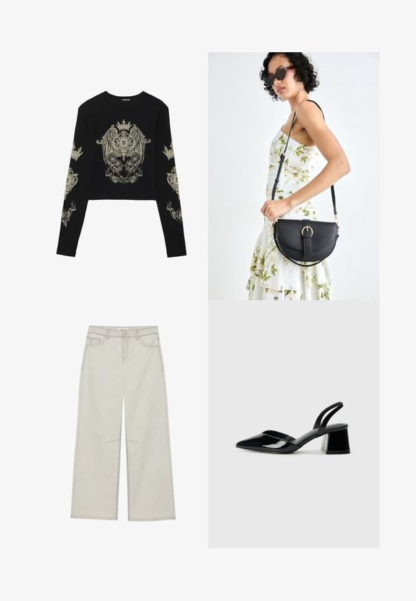 Zwarte crop top met lange mouwen van ribbeltextuur. Beschikt over ingewikkelde gouden grafische ontwerpen van kronen en rozen aan de voorkant en op de mouwen.; Lichtgrijze wijde broek met vijf zakken, sluiting met een knoop aan de voorkant en contrasterende stiksels langs de naden. De stof lijkt zacht en duurzaam te zijn.; Zwarte gepatineerde leren slingback hakken met een spitse neus en een geometrische blokhak. Kenmerkt zich door een slank, minimalistisch ontwerp en een gladde textuur.; Zwarte leren handtas met een gebogen vorm, afneembare schouderband en gouden hardware. De tas heeft een klep met een gespsluiting.