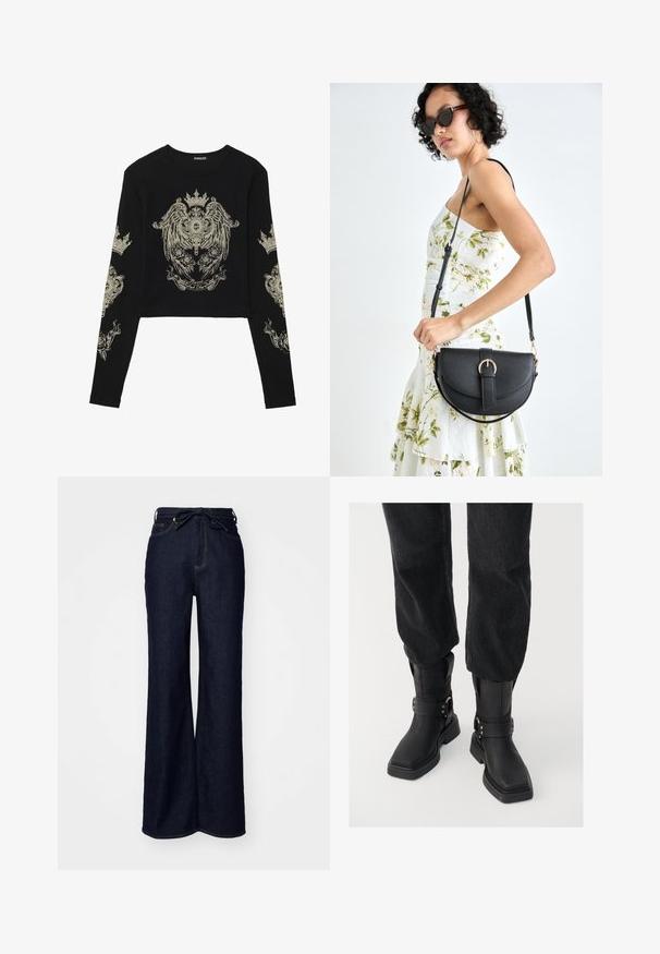 Schwarzes langärmliges Crop-Top mit geripptem Textur. Verziert mit aufwendigen goldenen grafischen Designs von Kronen und Rosen auf der Vorderseite und den Ärmeln.; Dunkelblaue Jeans mit weitem Bein aus Denim, mit hoher Taille, Fronttaschen und einer Bindeschließe an der Taille.; Schwarze Leder-Stiefeletten mit eckiger Zehenpartie, ausgestattet mit einem breiten Riemen und metallischem Schnallen-Detail. Die Stiefel haben eine klobige Sohle und eine glatte Textur.; Schwarze Lederhandtasche mit geschwungener Form, abnehmbarem Tragegurt und goldenen Beschlägen. Die Tasche verfügt über einen Deckel mit einer Schnallen-Details.