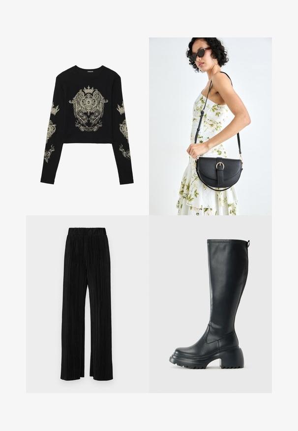 Črn dolg rokav krojeni zgornji del s rebrasto teksturo. Značilne zapletene zlate grafične slike kron in vrtnic na sprednjem delu in rokavih.; Črne plisirane hlače z elastičnim pasom. Imajo široke noge in gladko, teksturirano tkanino z navpičnimi črtami.; Visoka črna usnjena škornja s debelim podplatnim solejem in blok peto, opremljena s potegom in strukturiranim profilom na podplatu.; Črna usnjena torbica s ukrivljeno obliko, z odstranljivo naramnico in zlatimi dodatki. Torbica ima pokrov s podrobnostmi v obliki zaponke.