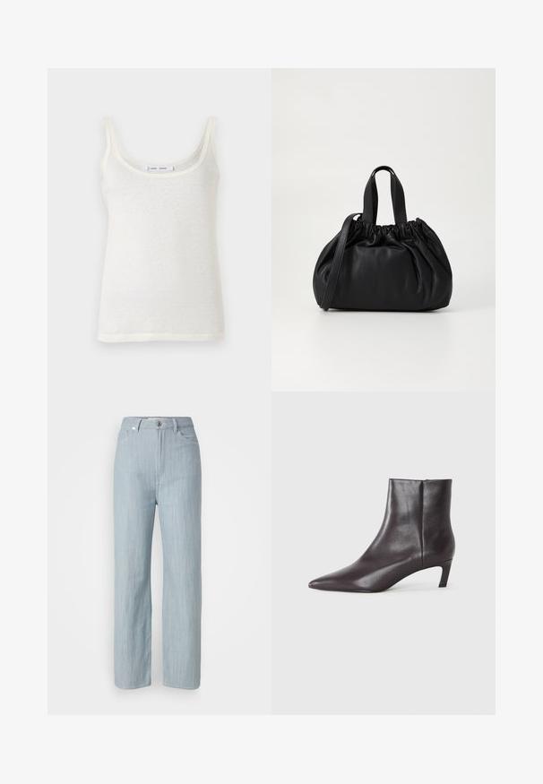Biały bawełniany top na ramiączkach z cienkimi paskami, charakteryzujący się okrągłym dekoltem i lekko przezroczystą teksturą. Dół jest prosty, bez dodatkowych akcentów.; Jasnoniebieskie jeansy o prostym kroju wykonane z denimu. Posiadają pięć kieszeni, zapięcie na metalowy guzik oraz subtelne przetarcia nadające teksturę.; Czarne skórzane botki za kostkę z ostrym noskiem i niskim obcasem typu kitten heel, gładkie wykończenie, z bocznym zamkiem, zaprezentowane na neutralnym tle.; Czarna skórzana torebka z zebranym wykończeniem, z dwoma krótkimi uchwytami i długim regulowanym paskiem. Gładka tekstura, zaokrąglony kształt.
