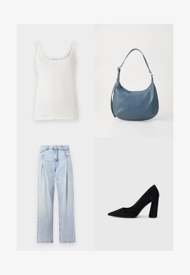 Witte katoenen tanktop met dunne bandjes, met een ronde hals en een licht doorschijnende textuur. De zoom is recht zonder extra accenten.; Lichtblauwe denim jeans met een hoge taille, wijde pijpen, twee zijzakken en geplooid ontwerp. Zachte textuur met een vervaagd uiterlijk.; Zwarte suède hoge hak pump met een spitse neus en een chunky hak. Strak ontwerp, gladde textuur en minimalistische stijl. Geen zichtbare merknaam.; Blauwe leren handtas met een ronde vorm, enkele schouderriem, ritssluiting en geïmpregneerde merknaam aan de voorkant. Gladde textuur.