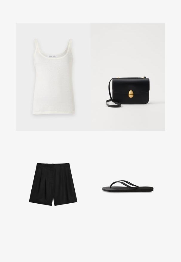 Witte katoenen tanktop met dunne bandjes, met een ronde hals en een licht doorschijnende textuur. De zoom is recht zonder extra accenten.; Zwarte op maat gemaakte shorts van een gladde, lichtgewicht stof. Met plooien, twee zijzakken en een strakke tailleband.; Zwarte flip-flop met een gestructureerde rubberen zool, twee slanke banden en een subtiele, ingedrukte logo-detail op de band.; Zwarte leren handtas met een gestructureerde rechthoekige vorm. Voorzien van een gouden ovale sluiting en een dunne schouderband. Glad van textuur.