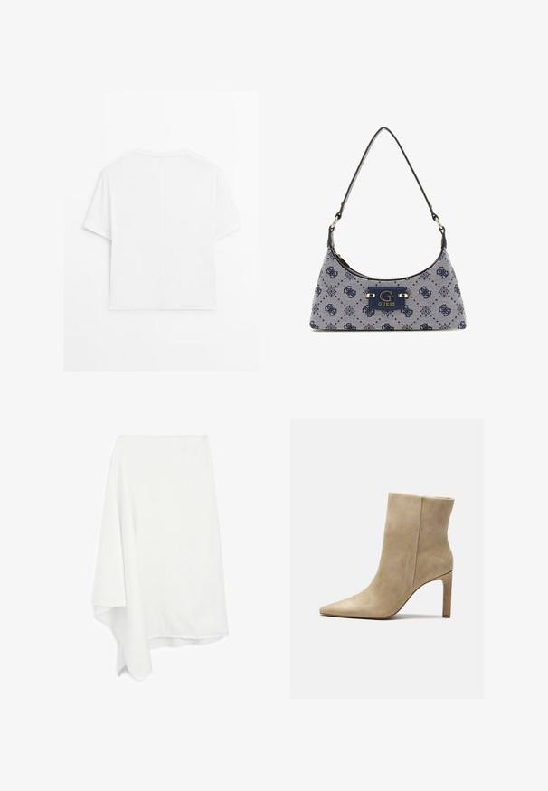 Eenvoudige witte T-shirt met korte mouwen en een ronde hals, met een middennaad die verticaal over de achterkant loopt, weergegeven tegen een witte achtergrond.; Asymmetrische witte rok gemaakt van zachte, lichte stof; rafelafwerking aan de onderkant; gladde textuur; valt elegant aan één kant.; Zign Enkellaarsjes met hoge hak - beige; Hobo-stijl handtas in marineblauwe stof met een ruitpatroon, voorzien van een logo-plaatje en een soepele schouderriem. Gestructureerd oppervlak.