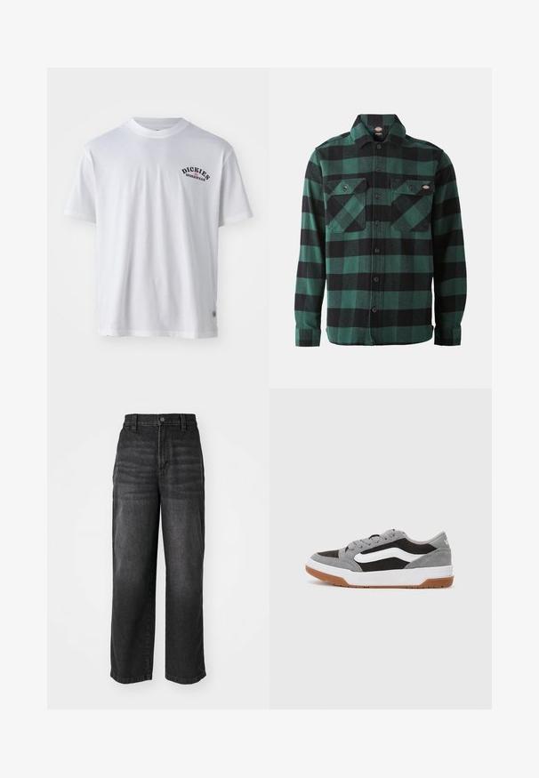 White cotton t-shirt with short sleeves, crew neck, featuring a black printed logo that reads "DICKIES WORKWEAR" on the left chest.; Green and black plaid flannel shirt with long sleeves, button-up front, two chest pockets, and a classic collar. Soft texture, versatile design.; Black denim wide-leg trousers with a high waist, button closure, and five-pocket design. Soft texture with a slightly faded finish.; Gray and black suede sneakers with white accents and a gum rubber sole, featuring rounded toe and lace-up design.
