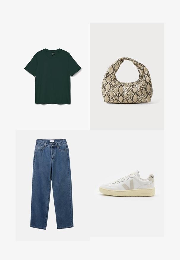 Camiseta de manga curta verde escura feita de tecido suave. Possui um decote redondo e um design simples de corte reto. Sem padrões ou adornos.; Jeans de denim azul clássicos com um design de perna reta, cinco bolsos e fecho de botão. Apresenta um tratamento médio e uma textura resistente.; Sapatilha de couro branca com detalhes em camurça bege, biqueira perfurada, atacadores planos e sola texturizada creme. Apresenta uma marcação subtil no calcanhar.; Bolsa com padrão de pele de cobra e uma alça curva. Feita de materiais texturizados em bege e castanho, apresentando um padrão de diamante distintivo.