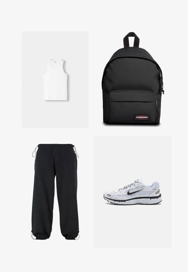 Hvid bomulds tanktop med rund halsudskæring, brede skulderstropper og lige kant, der har en glat tekstur og uden synlige mønstre.; Sorte sweatpants lavet af blødt stof, med en løs pasform, elastiske manchetter og snøre i taljen til justerbar størrelse.; Hvide løbesko med mesh-overdel, rund tå, sorte accenter og mønstret sål. Har snøring og branding på siden.; Sort Eastpak rygsæk lavet af slidstærkt stof, med en afrundet top, justerbare skulderremme og en frontlomme med lynlås.