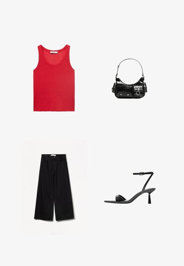 Rode mouwloze tanktop gemaakt van lichtgewicht stof, met een ronde hals en een eenvoudige, gladde textuur zonder patronen of versieringen.; Bershka WIDE-LEG - Wide leg - black; Bershka Sandalen met hoge hak - black; Zwarte laarzen in lakleer met een gebogen vorm, één schouderband, voorvakken en accenten in zilverkleurig metaal.