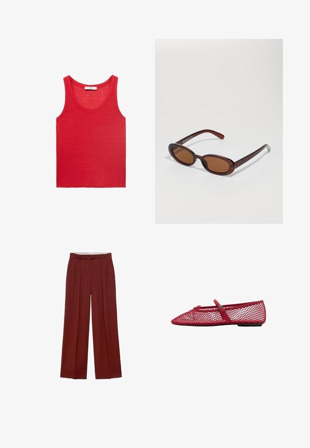 Rdeča brezrokavnica iz lahkega materiala, ki ima okroglo ovratnico in preprosto, gladko teksturo brez vzorcev ali okrasnih elementov.; Široke hlače v temno rdeči barvi, z visokim pasom, zložki spredaj in gladkim, teksturiranim materialom.; Rde mrežaste balerinke s koničastim prstom, ki imajo tanek trak in podrobnost z zaponko. Zgornji del ima odprt, satasti vzorec.; Okrogle, rjavo obarvane sončne naočare z sijočim burgundskim okvirjem. Tanek nosilec s subtilnim logotipom. Oblika leč je ravna.