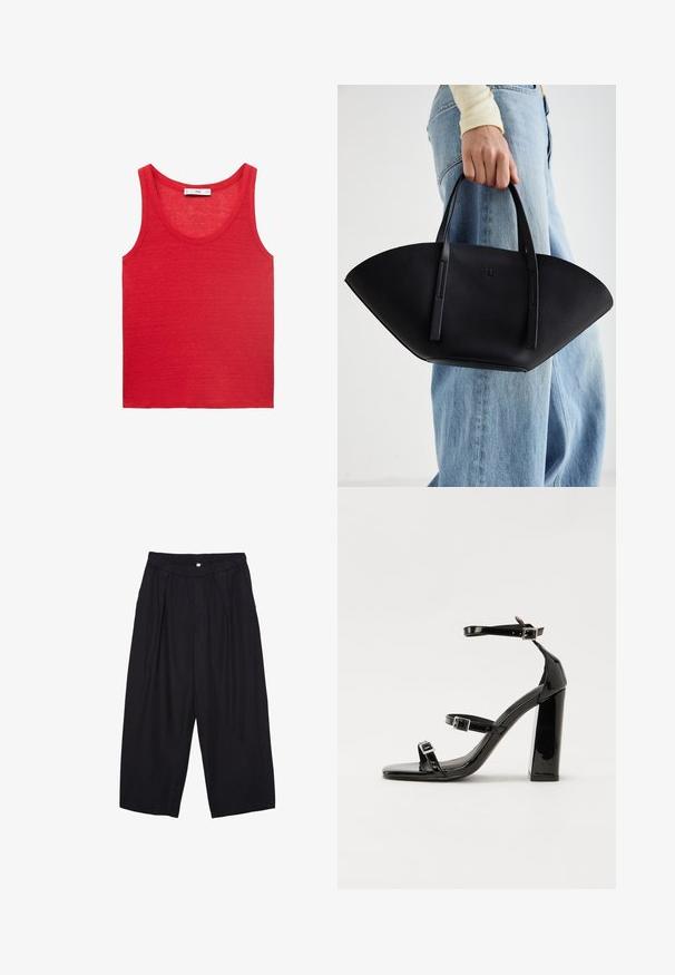 Rotes ärmelloses Tanktop aus leichtem Stoff, mit Rundhalsausschnitt und einer einfachen, glatten Textur ohne Muster oder Verzierungen.; Schwarze Polyester-Culotte mit einem elastischen Bund, zwei vorderen Falten und einer lockeren Silhouette. Keine sichtbaren Muster oder Hardware-Details.; Schwarze patentierte Sandalen mit Absatz, quadratischer Spitze, Knöchelriemen und silbernen Schnallen. Mit einem stabilen Blockabsatz für mehr Stabilität.; Schwarze Lederhandtasche mit einzigartiger Fächerform, ausgestattet mit flachen Griffen. Die Oberfläche hat eine genoppte Textur und ein minimalistisches Design.