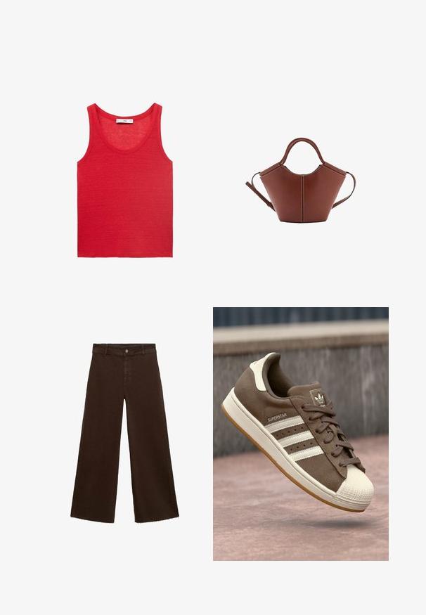 Top senza maniche rosso realizzato in tessuto leggero, con scollatura tonda e una texture semplice e liscia, senza motivi o decorazioni.; Pantaloni larghi marroni in misto cotone, caratterizzati da orlo sfrangiato, chiusura frontale con bottone e classico design a cinque tasche. Minimalisti e versatili.; Sneaker in suede marrone con strisce bianche, accenti crema e punta in gomma. Presenta un design con lacci e una suola in gomma testurizzata.; Borsa a mano in pelle marrone con forma conica, manici robusti e cuciture bianche a contrasto. Presenta una tracolla removibile per una maggiore versatilità.