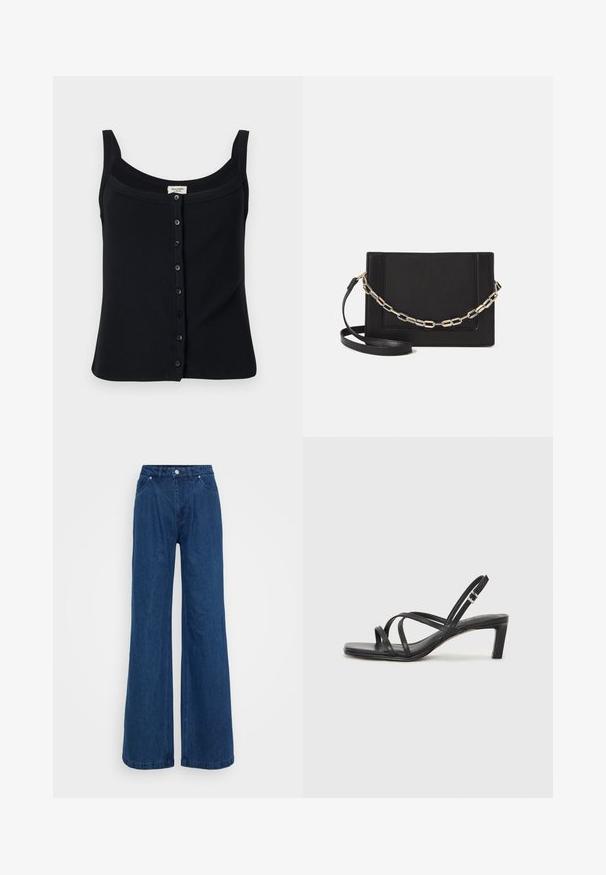 Must mustriba tank top ruudu kaelusega, reguleeritavad õlapaelad ja eesmine nööbikinnitus kuue nööbiga.; Hallise jalgadega sinised denim püksid kõrge vöökohaga, ees nupuga ja tõmbluku sulguri ning ees ja taga taskutega, lihtsa tausta ees.; Mustast rihmajalatsid ruudukujulise varba ja madala ploki kontsaga. Omab mitmeid õhukesi rihmasid ja reguleeritavat pahkluu rihma. Valmistatud siledast nahast.; Mustast nahast õlakott, mis omab siledat tekstuuri, ristküliku kuju ning esiküljel metallketi detaili. Reguleeritav rihm on kaasas.