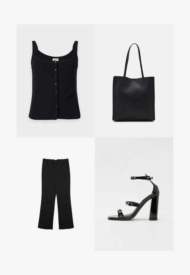 Débardeur noir à côtes avec un décolleté carré, des bretelles ajustables et une fermeture à boutons à l'avant comportant six boutons.; Pantalon noir avec une coupe droite, doté de poches avant et d'éclairs sur l'ourlet. Fabriqué en tissu doux et lisse. Convient à diverses occasions.; Sandales à talons vernies noires avec un bout carré, des sangles autour de la cheville et des boucles en argent. Dotées d'un talon bloc épais pour plus de stabilité.; Sac fourre-tout en cuir noir avec une texture lisse, de forme rectangulaire et deux longues poignées. Pas de matériel ou d'ornementations visibles.