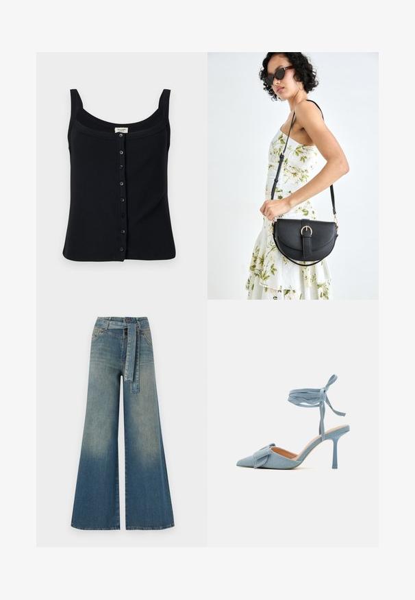 Svart ribbet tanktopp med firkantet utringning, justerbare stropper og en frontknapplukking med seks knapper.; Bredde ben jeans med en lyseblå til mørkeblå gradient, høyt liv, beltehemper og et matchende belte i samme stoff. Teksturert denimoverflate.; Pekepusted hæl sko i lyseblå stof med en tekstureret finish, med en sløjfeaccent og ankelrem for en sikker pasform.; Svart lærveske med en buet form, avtagbar stropp og gullbeslag. Vesken har et klaff med spenne-detall.