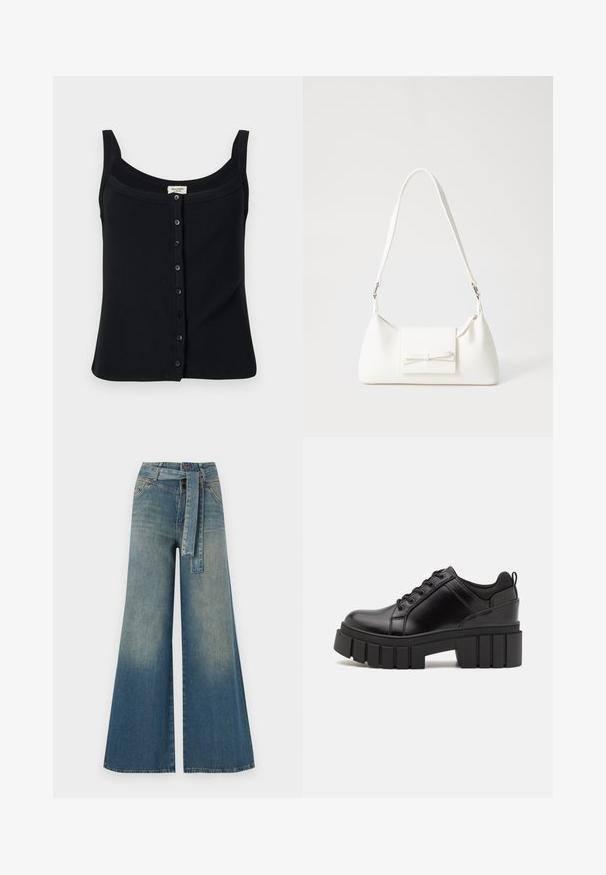 Czarny prążkowany top na ramiączkach z kwadratowym dekoltem, regulowanymi ramiączkami oraz zapięciem na guziki z przodu, które zawiera sześć guzików.; Szerokie spodnie dżinsowe z gradientem od jasnoniebieskiego do ciemnoniebieskiego, wysokim stanem, szlufkami na pasek oraz pasującym paskiem z tkaniny. Teksturowany wykończenie dżinsu.; Czarne skórzane buty na platformie z masywnym słupkowym obcasem, okrągłym noskiem i klasycznym sznurowaniem. Posiadają gładką teksturę i minimalne wykończenia.; Biała syntetyczna torba o trójkątnym kształcie, płaskim przednim klapce i detalach w postaci kokardy, regulowanym pasku, gładkiej fakturze oraz minimalistycznym designie.