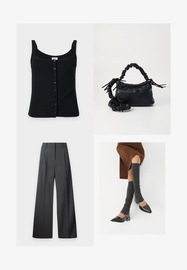 Top de tirantes de canalé negro con escote cuadrado, tirantes ajustables y cierre frontal de botones con seis botones.; Pantalones de pierna ancha en tejido gris oscuro, con una cintura alta, pliegues simples y una textura suave con un acabado limpio en los dobladillos.; Zapatos de charol negros con punta afilada, tacón bloque y tira de tobillo, combinados con calentadores de piernas de canalé grises y una falda de ante marrón.; Bolso de mano de imitación cuero negro con textura de cocodrilo, parte superior fruncida y correa arrugada. Presenta un diseño suave y compacto.