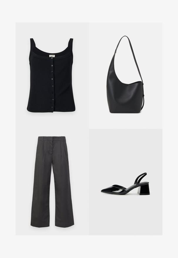 Top in cotone nero a righe con scollatura quadrata, spalline regolabili e chiusura frontale con sei bottoni.; Pantaloni a gamba larga in tessuto nero, caratterizzati da una vita alta, pieghe frontali e tasche sottili. Texture liscia con una finitura pulita.; Décolleté in vernice nera con punta affusolata e tacco in geometria cubica. Presentano un design elegante e minimalista, con una texture liscia.; Borsa hobo nera in pelle con una superficie liscia, forma curvata e una singola tracolla regolabile; presenta un'ampia apertura nella parte superiore.