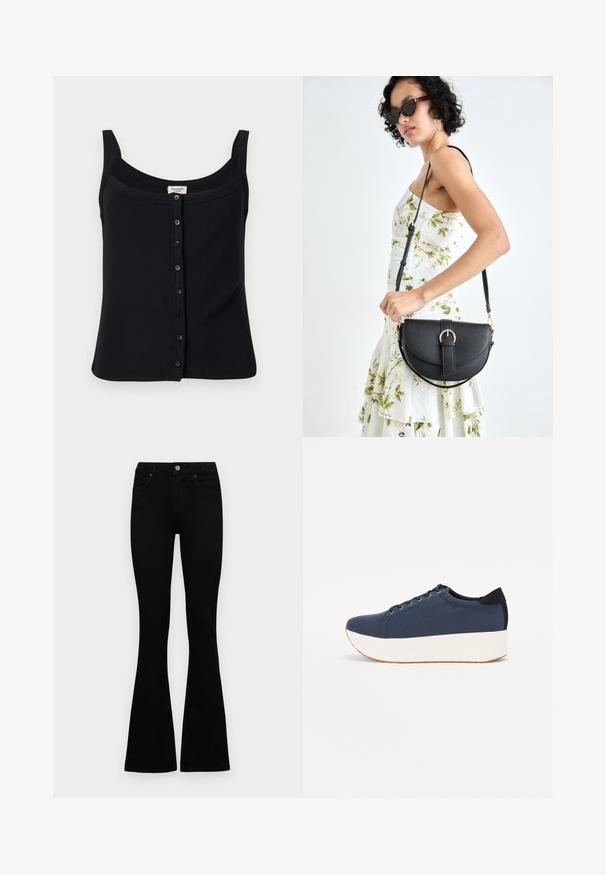Black ribbed tank top with a square neckline, adjustable straps, and a front button closure featuring six buttons.; Black high-waist jeans with a button and zip closure, front pockets, and flared legs laid flat on a white background.; Navy blue sneaker with a textured fabric upper, white platform sole, rounded toe, and black heel accent. Features six eyelets for laces.; Black leather handbag with a curved shape, detachable strap, and gold hardware. The bag features a flap with a buckle detail.