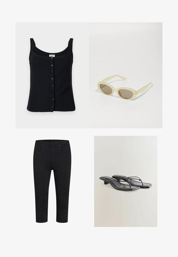 Schwarzes, geripptes Tanktop mit quadratischem Ausschnitt, verstellbaren Trägern und einer Knopfleiste mit sechs Knöpfen auf der Vorderseite.; Schwarze, körpernahe, verkürzte Hose mit frontalem Knopf- und Reißverschluss sowie Vorder- und Gesäßtaschen, auf weißem Hintergrund präsentiert.; Schwarze lackierte Kunstleder-Absatzsandalen mit quadratischer Zehenpartie, dünnen Riemen und Krokodilstruktur. Design mit niedrigem Blockabsatz.; Ovale Sonnenbrillen mit einem durchscheinenden, blassgelben Rahmen und braunen Gläsern. Verfügen über eine glatte Textur und subtile Hardware-Akzente an den Seiten.; Geflochtener Strohhandschuh in Halbmondform, mit strukturierter Oberfläche, beiger Farbe und dekorativem Quastenakzent. Goldene Hardware-Logodetail.; Fünf Armbänder: ein Dunkelholz-Bangle, zwei goldfarbene Metallketten und zwei bernsteinfarbene Harzringe mit goldenen Akzenten und glatten Oberflächen.