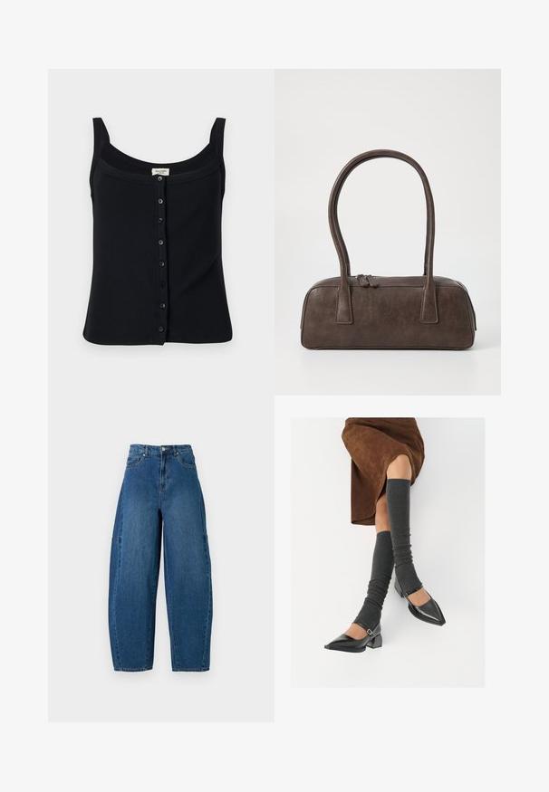 Crna rebrasta majica bez rukava s kvadratnim izrezom, podesivim naramenicama i prednjim zatvaranjem na dugmadi s šest dugmadi.; Traperice u srednjem plavom pranju, s visokim strukom, širokim nogavicama i standardnim dizajnom s pet džepova, s vidljivim detaljima šivanja.; Crne lakirane cipele s šiljastim prstima, blok-petom i remenom oko gležnja, uparene s sivim rebrastim čarapama do koljena i smešnom suknjom od antilopa.; Smeđa kožna torba s dvije čvrste ručke, pravokutnog oblika, glatke teksture i zatvaranjem na zatvarač. Minimalistički dizajn bez vidljivih uzoraka.