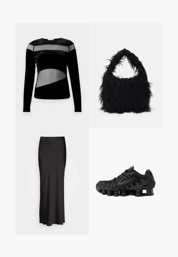 Schwarzes Langarmoberteil mit einer Mischung aus Samt- und Netzpaneelen, geometrischen Ausschnitten und einem runden Ausschnitt.; Schwarzer, bodenlanger Satinrock mit glatter Textur, tailliertem Bund und A-Linien-Silhouette, ohne sichtbare Verzierungen oder Muster.; Schwarzer Sportschuh mit Mesh-Obermaterial und glänzenden Überzügen. Verfügt über eine geschwungene Spiraldämpfung und strukturierte Linien an der Seite. Nike-Logo sichtbar.; Even&Odd Shopping Bag - black