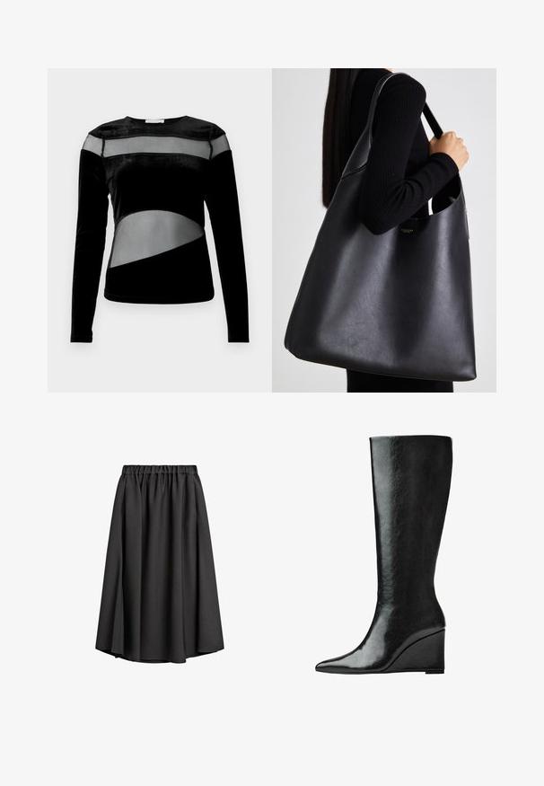 Schwarzes Langarmoberteil mit einer Mischung aus Samt- und Netzpaneelen, geometrischen Ausschnitten und einem runden Ausschnitt.; Schwarze Midirock aus leichtem, fließendem Stoff mit elastischem Bund und leicht ausgestellter A-Linie. Keine sichtbaren Muster oder Akzente.; Knöchelhohe schwarze Lederstiefel mit schlanker, spitzer Zehenform und Wedge-Absatz. Die Oberfläche ist glatt mit einem glänzenden Finish.; Schwarze Leder-Taschen mit glatter Textur, übergroßer Form und einem einzigen Schulterriemen. Besitzt einen goldenen Logo-Akzent.