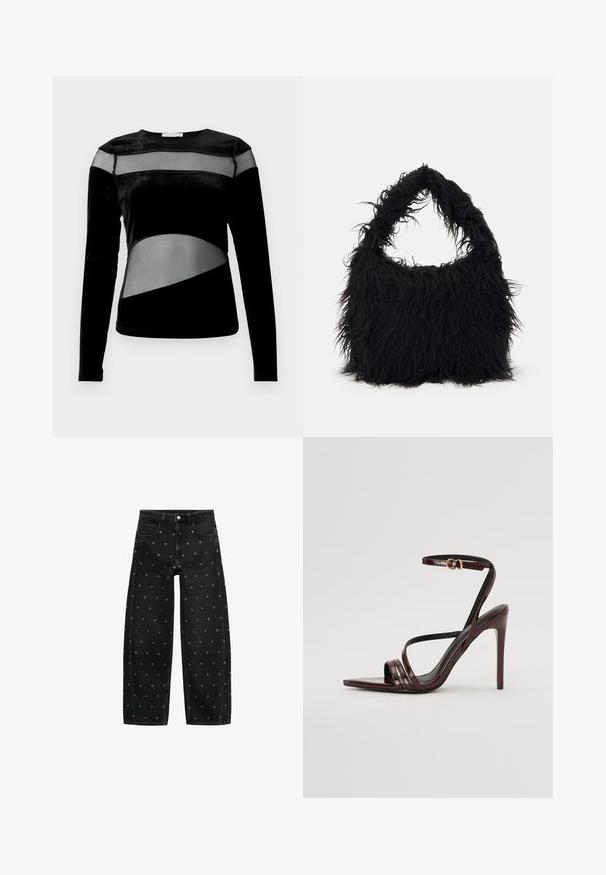 Črn dolg rokav top z mešanico žameta in mrežastih panelov, z geometrskimi izrezi in okroglim ovratnikom.; Črne široke kavbojke iz denima z vzorcem manjših srebrnih gromet, klasičnega pet-pocket dizajna in sprednjim zapiranjem na gumb.; Burgundske lakirane sandale na visoki peti z gležnjastim trakom, koničastim nosom in tremi vodoravnimi trakovi preko stopala. Podrobnost s zlatim zaponko.; Even&Odd Torba za nakupovanje - black