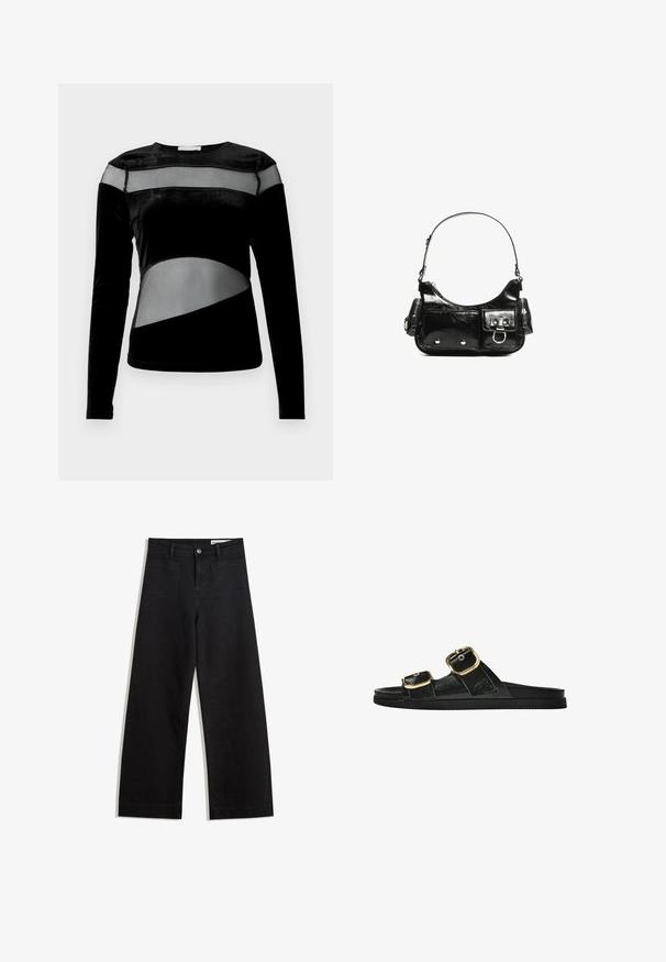 Musta pitkähihainen paita, jossa on yhdistelmä samettia ja verkko-paneeleja, geometrisia leikkuukuvioita ja pyöreä kaula-aukko.; Mustat leveät farkut korkealla vyötäröllä, joissa on etu- ja takataskut, ommellut saumat ja nappisuljenta. Silkinoinen rakenne.; Musta liukusandaali, jossa on kaksi kultaisesta solkesta tehtyä korostusta, sileäpintainen materiaali, litteä pohja ja minimalistinen muotoilu.; Mustekko mustasta kiiltonahasta valmistettu käsilaukku, jossa on kaareva muoto, yksi olkahihna, etutaskut ja hopeanväriset yksityiskohdat.