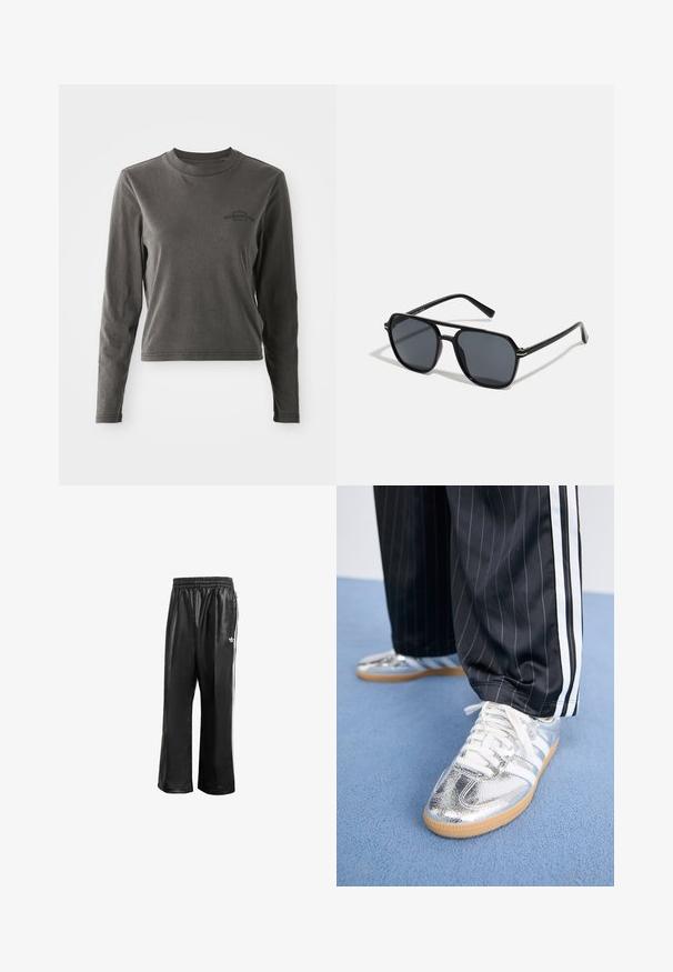 Hosszú ujjú szürke pamut póló, lekerekített nyakkivágással, amelyen egy kis fekete nyomtatott logó található a mellkasán, egyenes aljjal.; Fekete szintetikus tréningnadrág elasztikus derékkal, fehér oldalcsíkokkal és egy kis fehér logóval a bal csípőn.; Fémes ezüst színű sneaker cipők fehér fűzőkkel és három fehér csíkkal, fekete csíkozott nadrággal párosítva. Az alján gumi talp kiemelés.; Fekete napszemüveg nyolcszögletű kerettel, sötét lencsékkel, fényes felülettel, vékony szárakkal és arany díszítéssel az elülső részén.
