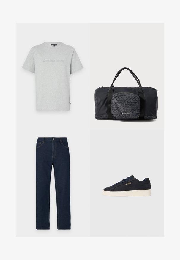 Pelēks kokvilnas T-krekliņš ar īsām piedurknēm, ar reljefu izsistu "MICHAEL KORS" logo priekšpusē un apaļu kakla izgriezumu.; Tumši zila denima bikses ar taisnu griezumu, piecu kabatu dizainu un redzamām šuvēm. Ir pogas aizdare jostasvietā.; Navy zila zamšas zema augstuma kedas ar baltu zoli, navy krāsas auklām un "Filling Pieces" logo zeltā sānos.; Melna Michael Kors duffel soma ar divām rokturām, priekšējais rāvējslēdzēja kabata ar atkārtotu MK logo rakstu un Michael Kors zīmolu.