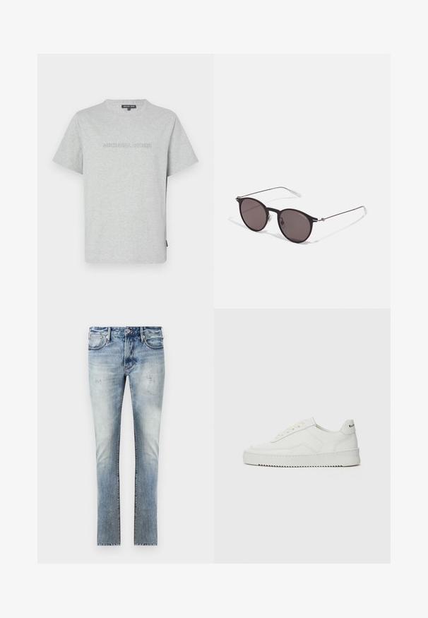 Grå bomulls t-skjorte med korte ermer, med en preget "MICHAEL KORS" logo på forsiden og rund hals.; Lys blå denim jeans med en falmet finish, slim fit-design, fem lommer og kontrasterende sømmer.; Hvite lærersneakers med en jevn overflate, rund tå, flate lisser og en teksturert såle. Har en subtil logo på hælen.; Sorte, runde solbriller med mørke linser og slanke metalarmer. Inkluderer klare temple tips og sølvfargede detaljer ved hengslet. Minimalistisk design.