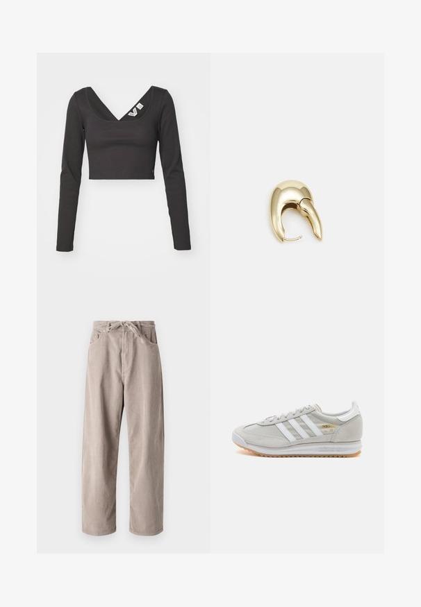 Svart ribbet langermet crop top med dyp V-hals og tettsittende design. Har merker på innsiden av halsen. Glatt tekstur.; Beige kordfløyelsbukser med løs passform, med strikk i livet, to frontlommer og vertikal ribbet tekstur.; Lys grå sneaker laget av semsket skinn og mesh, med tre hvite striper, rund tå og såle av gummi. Gull logo-aksent nær snørebåndene.; Gullfarget metalløredobber med et elegant, buet design. Har en karakteristisk spiss form, polert overflate og hengsel-lukking.