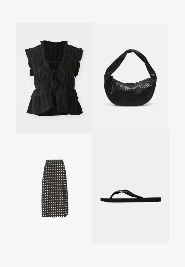 Top negru cu mâneci scurte volanate, decolteu în V, textură adunată, șnur ajustabil în față și tiv cu volane stratificate. Material ușor.; Fustă midi neagră cu buline albe, realizată dintr-un material neted. Prezintă un talie ajustată și o fenta laterală ușoară pentru confortul mișcării.; Sandala flip-flop din cauciuc negru, cu un bretele texturat și o talpă simplă și plată, prezentată din lateral pe un fundal simplu și deschis.; Geantă din piele împletită neagră, cu o formă curbată, având un mâner gros și închidere cu fermoar. Suprafață texturată cu un finisaj lucios.
